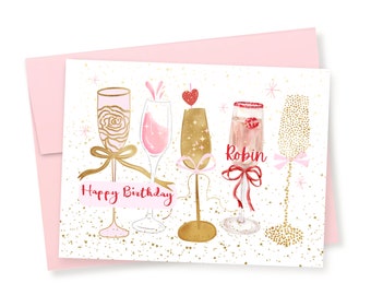 Personalized Champagne Birthday Card: Wine, Alcohol, Cheers, Glitter Detail