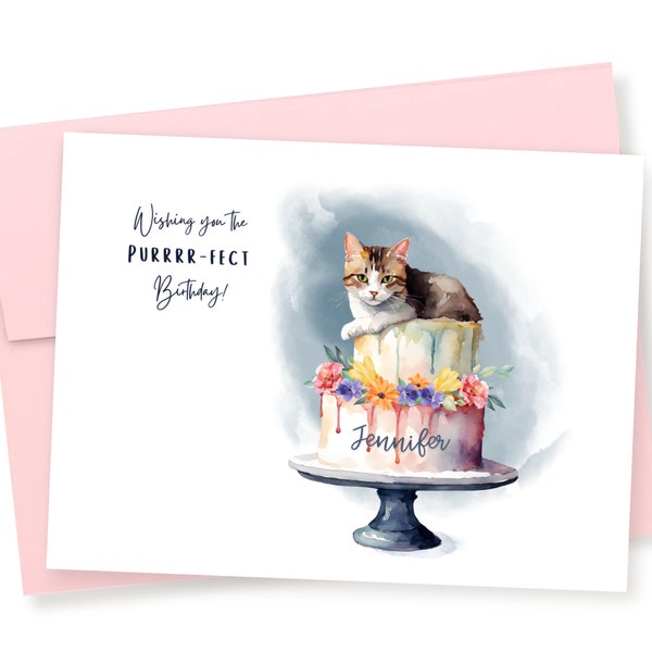 Personalized Cat on a Cake Birthday Card, Flowers Birthday Card, Cat Lover Card, Card for Her, Cute Animal Card, Kitty Card, Cat Person Card