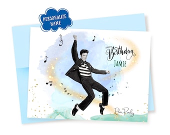 Personalized Watercolor Rockin' Elvis Birthday Card: Jail House Rock, Glitter Detail