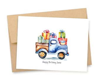 Personalized Blue Pickup Truck Birthday Card, Presents and Cake: Custom Name