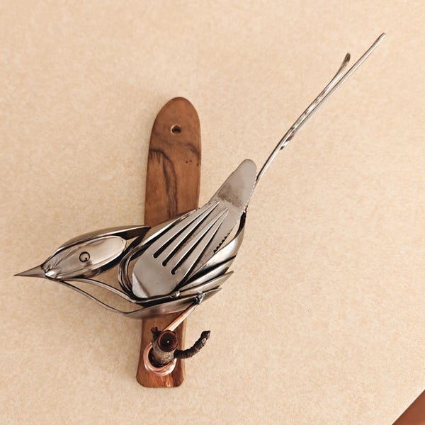Handmade Cutlery Bird Sculpture Reclaimed Silverware Metal Wall Art Rustic Farmhouse Decor Bird Lover Gift Kitchen Wall Decor