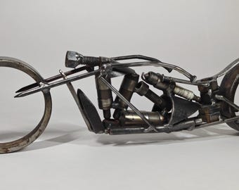 Handmade Recycled Metal Chopper Motorcycle Sculpture – Industrial Steampunk Bike Desk Art