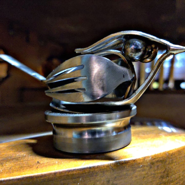 Welded Stainless Steel Cutlery Bird Sculpture Reclaimed Silverware Art Handmade Bird Lover Gift Garden Home Office Decor
