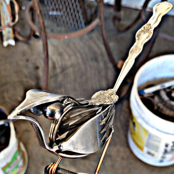 Recycled Stainless Steel Cutlery Bird Sculpture Handmade Silverware Art Fork Spoon Bird Garden Decor Bird Lover Gift Yard Art