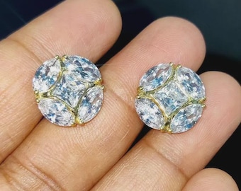 Princess Cut Moissanite Stud Earrings, 14K Yellow Gold Finish Sterling Silver
