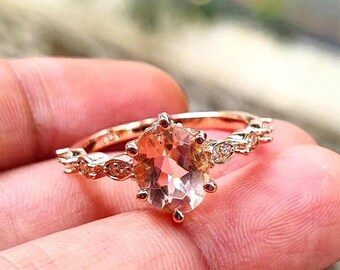 Morganite Ring: Oval Simulated Peach Stone, Rose Gold Sterling Silver