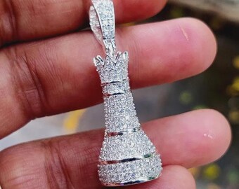 Moissanite Chess King Pendant, 14K White Gold Plated Sterling Silver