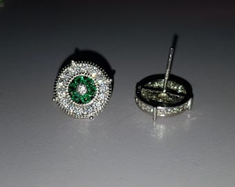 Emerald Stud Earrings, Simulated Diamond, 925 Sterling Silver
