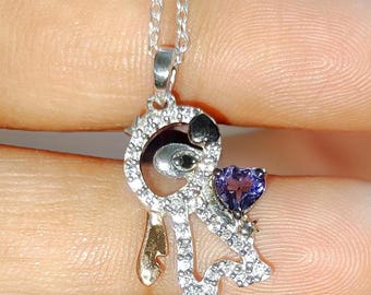 Two-Tone 925 Sterling Silver Cartoon Pendant, Simulated Diamond & Amethyst Heart