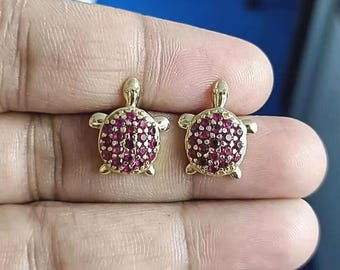 Red Ruby Turtle Stud Earrings, 14K Yellow Gold Finish, Sterling Silver