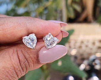 Simulated Diamond Heart Cut Solitaire Stud Earrings 14K White Gold Finish 925 Starling Silver