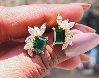 Simulated Green Emerald Emerald Cut Stud Earrings 14K Yellow Gold Finish 925 Starling Silver