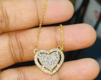 Diamond Heart Pendant: Double Halo, Simulated Diamond, Sterling Silver