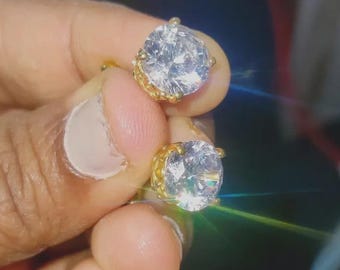 Simulated Diamond Stud Earrings: 14K Yellow Gold Finish, Sterling Silver
