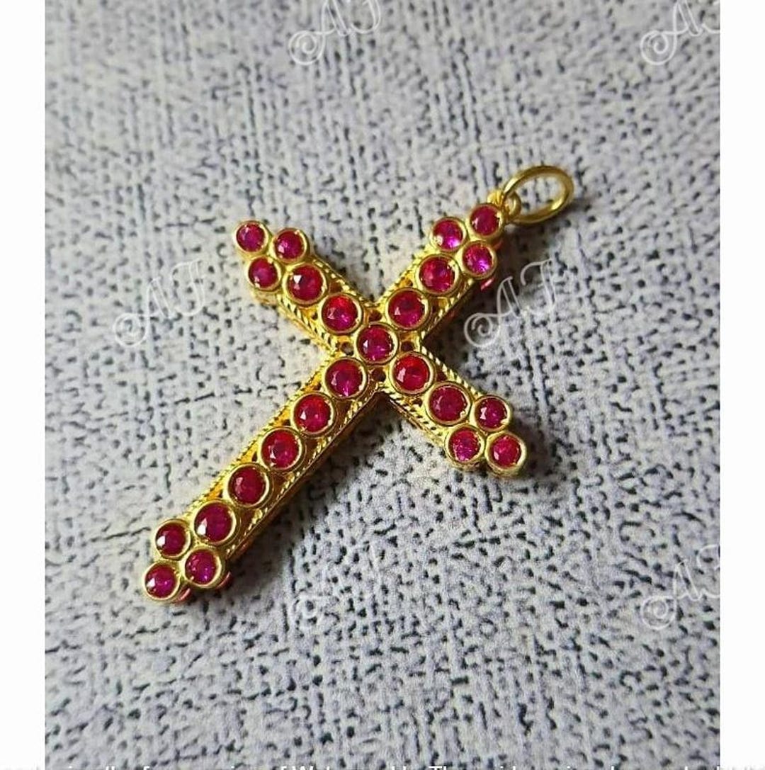 Cross Inside Ruby Sterling Silver Ruby Cross Pendant, Simulated Diamond, 14K Gold Plated ...
