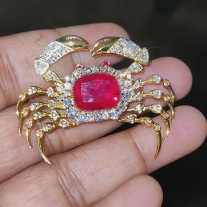 May include: A gold-toned crab brooch with a large, rectangular red gemstone center. The crab's claws and legs are detailed with smaller clear gemstones. The brooch is held in a hand, showcasing its intricate design.
