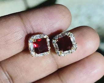 Red Garnet Halo Stud Earrings, Emerald Cut, 14K Yellow Gold Finish