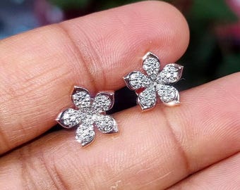 Moissanite Flower Stud Earrings, 14K Rose Gold Finish, Sterling Silver