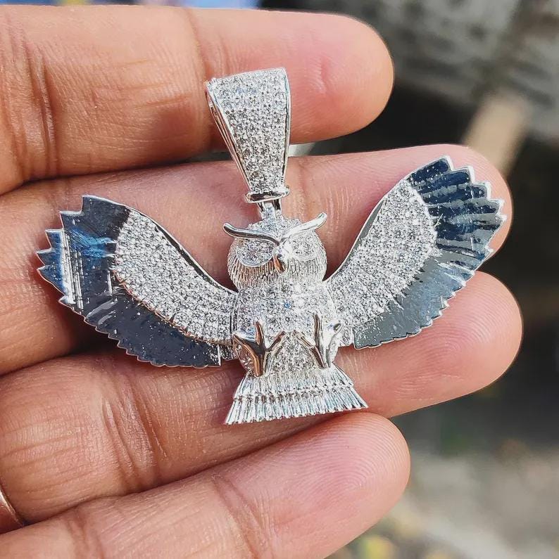 Moissanite Pendant Round Cut Natural Tester Pass Owl Pendant 14K White Gold Finish Sterling Silver D