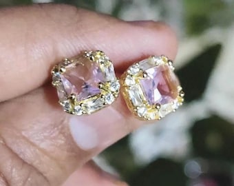 Pink Diamond Halo Stud Earrings, Cushion Cut, 14K Yellow Gold Finish