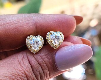 Simulated Diamond Heart Cut Halo Stud Earrings 14K Yellow Gold Finish 925 Sterling Silver