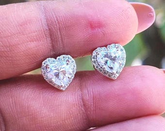 Simulated Diamond Heart Cut Halo Stud Earrings 14K White Gold Finish 925 Sterling Silver