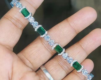 Emerald Cut Simulated Emerald Tennis Bracelet: 14K White Gold Finish, Sterling Silver
