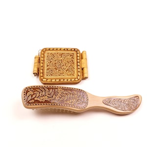 Wooden Birch Bark Set Pocket Mirror Hairbrush Make-up Mirror Head Massage Comb Eco-organic product Handmade