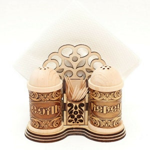 Birken Holz 4er Set Salz, Pfeffer streuer Zahnstocher & Serviettenhalter Natur Organikprodukt Handmade