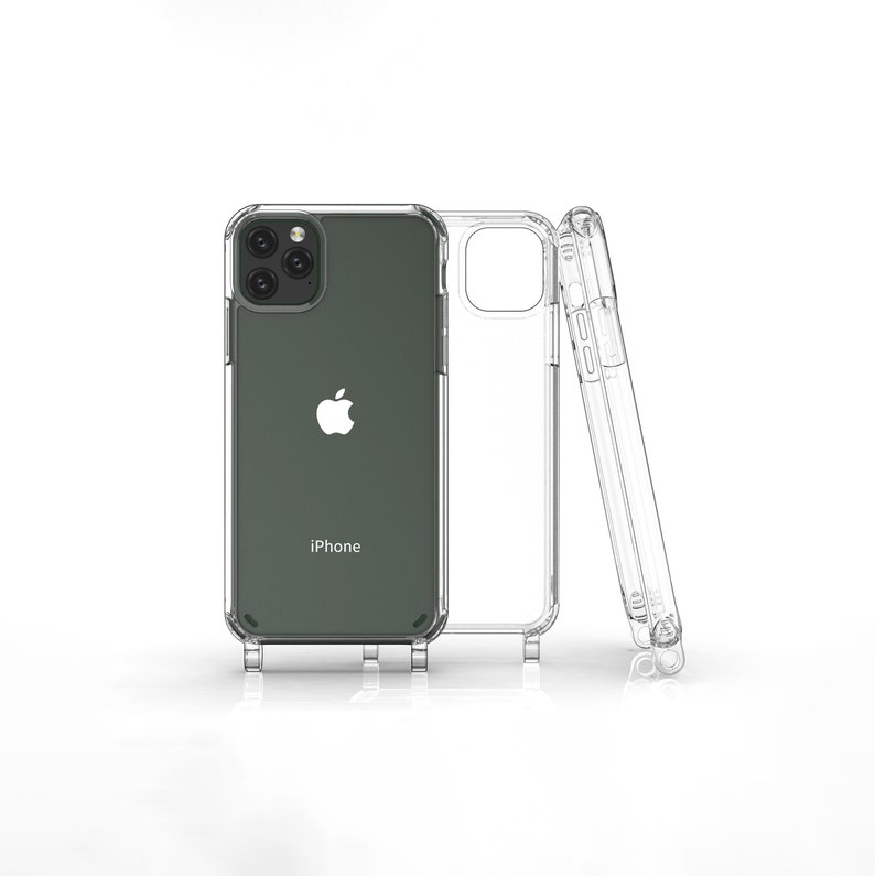 Pu&ograve; includere: Una custodia per telefono trasparente con il retro verde e la scritta "iPhone" stampata. La custodia &egrave; mostrata in tre posizioni diverse.