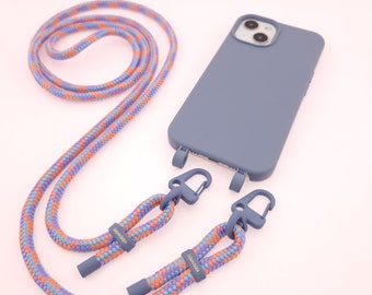 May include: A blue phone case with a matching blue phone strap. The strap is made of a braided rope with orange and purple accents. The strap has two metal clasps.