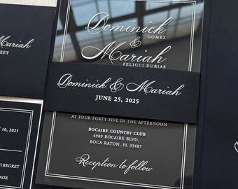 Elegant Clear Acrylic wedding invitation with rsvp, White lettering Wedding invite, Personalized Party invitation-white, gold foil