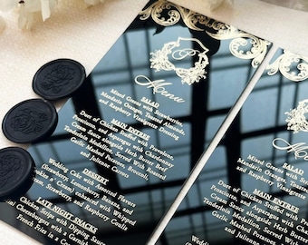 Schwarzes Hochzeitsmenü aus Acryl: Elegante, moderne Verlobung