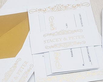 White Wedding Invitation with Belly Band, Invitations, Customized Invitation, Gold & White Wedding Invitations
