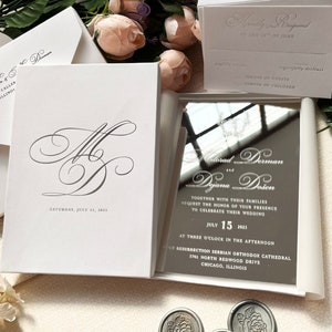 Silver Mirror Acrylic Wedding Invitations, Luxury Silver Mirror Wedding Invites White Box, Romantic Elegant Acrylic Suite Wedding Crads