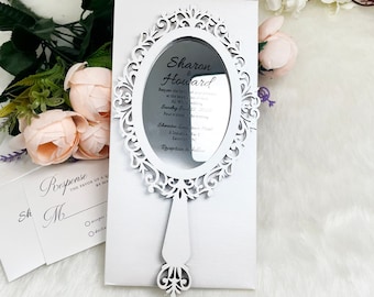 Cinderella Mirror Invitation • White Shimmer Sweet 16 & Quinceañera Invite • Princess Hand Mirror Birthday Invitation