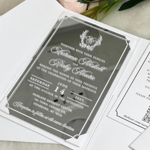 Silver Mirrored wedding invitation, Silver mirror invitation, White pocket envelope, Mirrored wedding invitation, Silver mirrored invitation