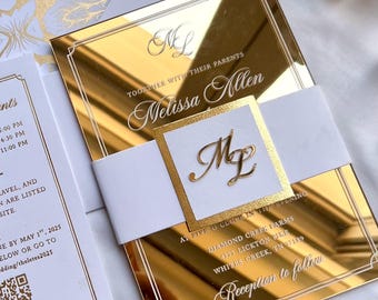 Gold Mirror Acrylic Wedding Invitations Set with White Envelopes, Unique Invitation Invites Suite, Invitaciones de Boda