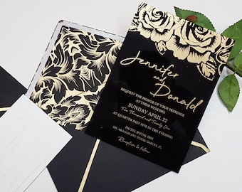 Gorgeous Black Lucite Invitation, Acrylic Wedding Invitation, Black with Gold Rose Acrylic Invitation