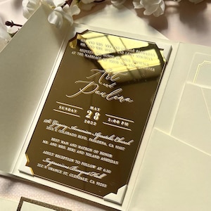 Gold Mirror Acrylic Invitations with Ivory Envelope, Wedding Detail cards with RSVP, Elegant Wedding Invitation Set, Quinceanera Invitations