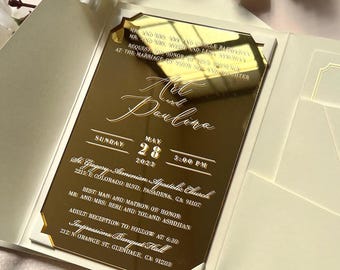 Gold Mirror Acrylic Wedding Invitation Set with Ivory Envelope