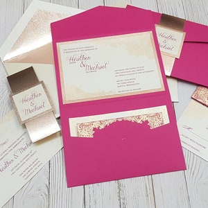 Wedding Invitations, Mesmerizing Pocket Fold Wedding Invitation, Rose Gold & Hot Pink Invitation Set, Bespoke Invitations