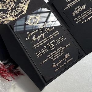 Acrylic Pocket Wedding Invitation, Invitación de boda, Elegant Black Wedding Invitation, Unique Invites, Real Foil, Quinceanera Invitations