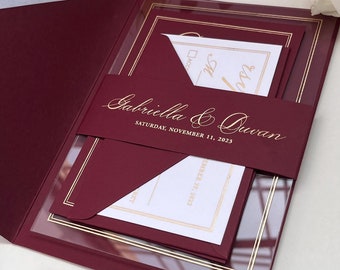 Burgundy Wedding Invitation Suite with Clear Acrylic Gold Lettering and Belly Band