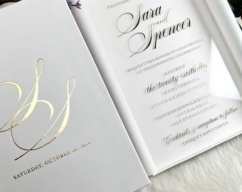 Boxed Acrylic Wedding Invitation with Gold Foil: Custom RSVP and Detail Card