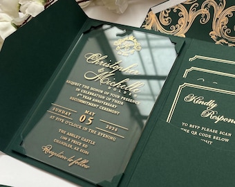 Dark Green Wedding Invitation Suite With Acrylic Card, Dark Green pocket envelopes with FRAMED Invitations, rsvp card with QR code