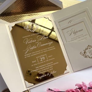 Gold Mirror wedding invitation, Ivory pearl pocket envelope, invitación de espejo dorado, Gold Acrylic Invitation Set with RSVP, Gold Foil