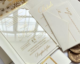 Ivory Tri Fold Wedding Invitation with Clear Acrylic Gold Foil and Rose Liner