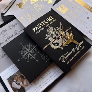 Gold Black Passport Travel Wedding Invitation, wedding abroad Boarding Pass, Plane ticket Tag Invitations, Destination wedding cards, Rsvp