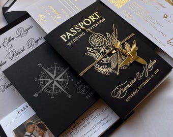 Gold Foil Passport Wedding Invitation: Destination Travel Theme